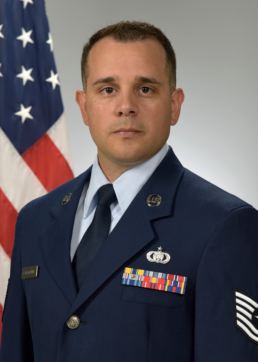 Official photo of TSgt Lencys Esteban-Nunez, saxophonist with the Falconaires and Concert Band, two of nine ensembles in the United States Air Force Academy Band, Peterson AFB, CO.