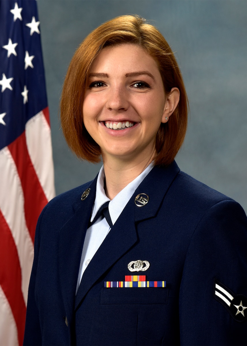 Official photo of A1C Sally Tepper, trumpet with the Falconaires and Concert Band, two of nine ensembles in the United States Air Force Academy Band, Peterson AFB, CO.