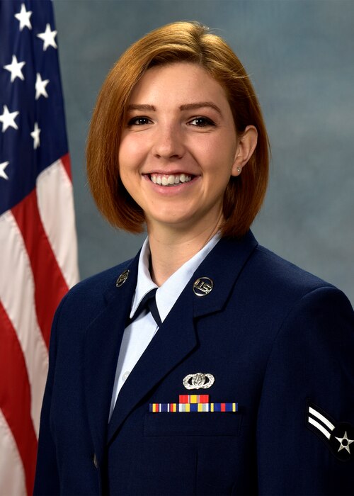 Official photo of A1C Sally Tepper, trumpet with the Falconaires and Concert Band, two of nine ensembles in the United States Air Force Academy Band, Peterson AFB, CO.