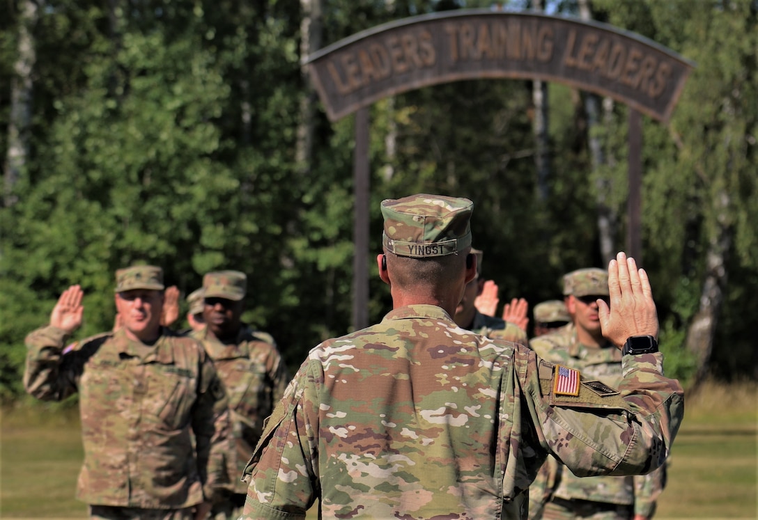 U.S. Army Reserve junior noncommissioned officers with the 7th Mission Support Command reaffirm their commitment to the NCO corps during a Junior Leader Certification Program ceremony held in Grafenwoehr, Germany, July 31, 2020. The program is designed to reinforce standards and is unique to the Army Reserve.