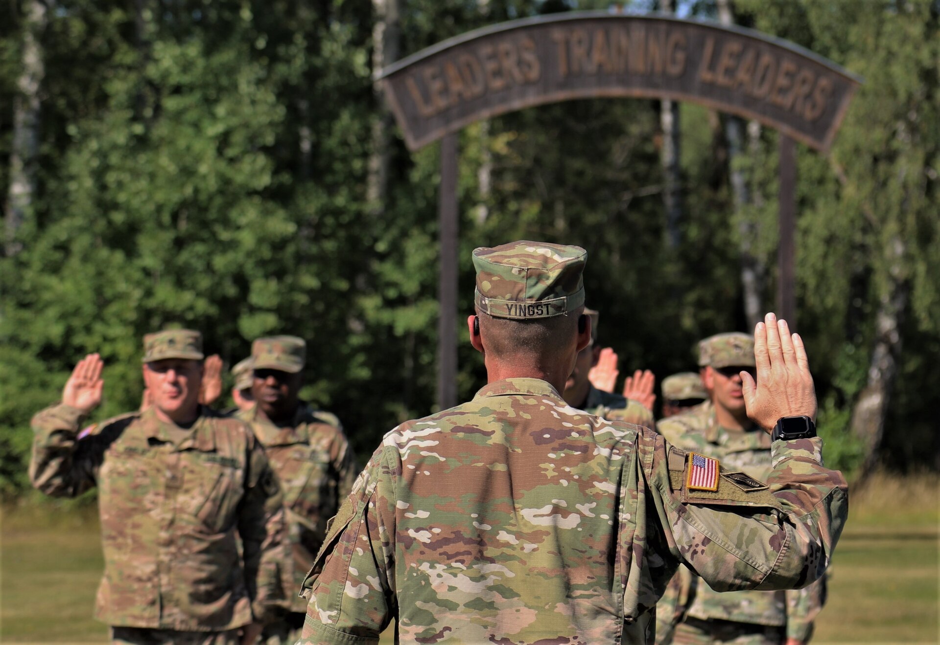 U.S. Army Reserve junior noncommissioned officers with the 7th Mission Support Command reaffirm their commitment to the NCO corps during a Junior Leader Certification Program ceremony held in Grafenwoehr, Germany, July 31, 2020. The program is designed to reinforce standards and is unique to the Army Reserve.