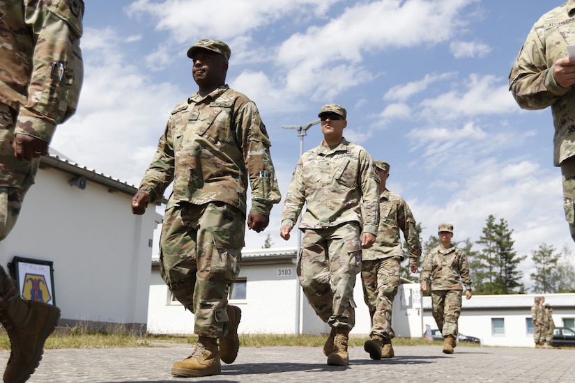 U.S. Army Reserve junior noncommissioned officers with the 7th Mission Support Command march during a drill and ceremony class taught by senior NCOs as part of a Junior Leader Certification Program held in Grafenwoehr, Germany, July 28, 2020. The program is designed to reinforce standards and is unique to the Army Reserve.