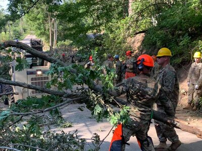 Over the Aug. 15-16, 2020, weekend, Iowa National Guard Soldiers with the 831st Engineer Company worked to clear downed trees to reach a substation that supplies power to parts of Cedar Rapids. The Guard assisted with cleanup efforts after a derecho struck the area Aug. 10.