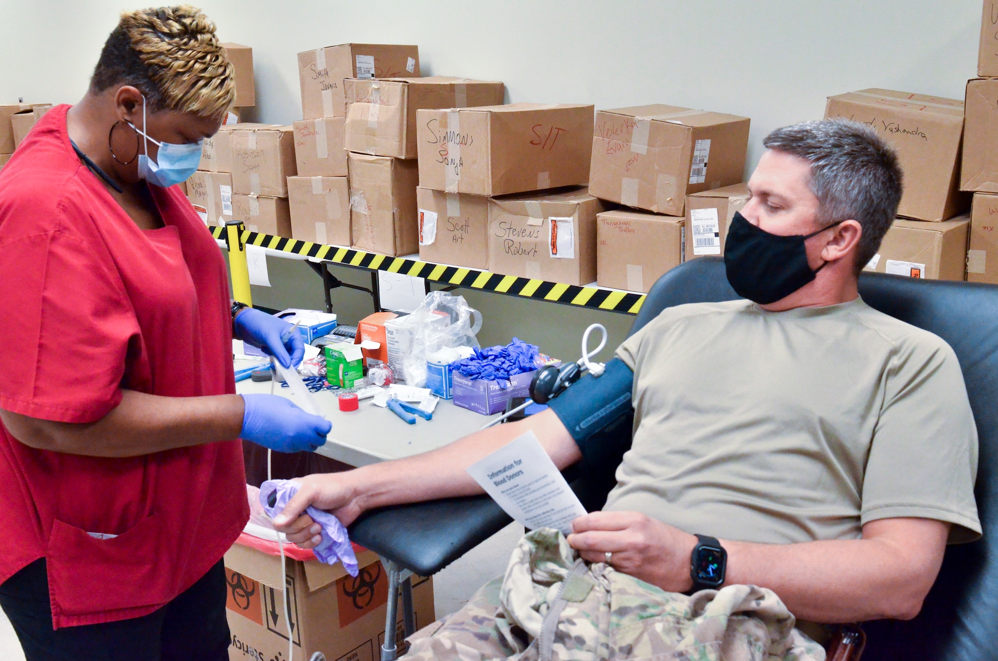 Members of the 117th Air Refueling Wing participate in a blood drive on Aug. 14, 2020 at Sumpter Smith JNGB, Ala. 
The donated blood went to local blood banks and will be used for conventional purposes like blood transfusions but extra vials of blood were taken to test for COVID-19 antibodies. Angelita Robinson, collection specialist II for the American Red Cross, explained that she’s done thousands of blood drives in her 20 years with AMCROSS but testing for COVID-19 antibodies is a new step they have added.
	“It's to check to see if a donor has the antibody,” Robinson said. “If a donor recovered from the Coronavirus they would have antibodies still in their blood systems.” 
According to Robinson, having the antibodies in the bloodstream doesn’t mean a person currently has COVID-19. 
“Any time a person has an illness or condition certain antibodies are built up in the blood,” she said. “A person who does have the antibodies will be wanted to donate plasma so they can develop some kind of vaccine.” 
A donated unit of blood will be put in extra vials that go to a lab. Tests are conducted in labs using a plasma process for the antibodies which can be used in a vaccine. Even without testing of antibodies donated blood can help save a life.
“We still need blood for patients that are in the hospital like accident victims or people who need transfusions for surgeries,” Robinson said.