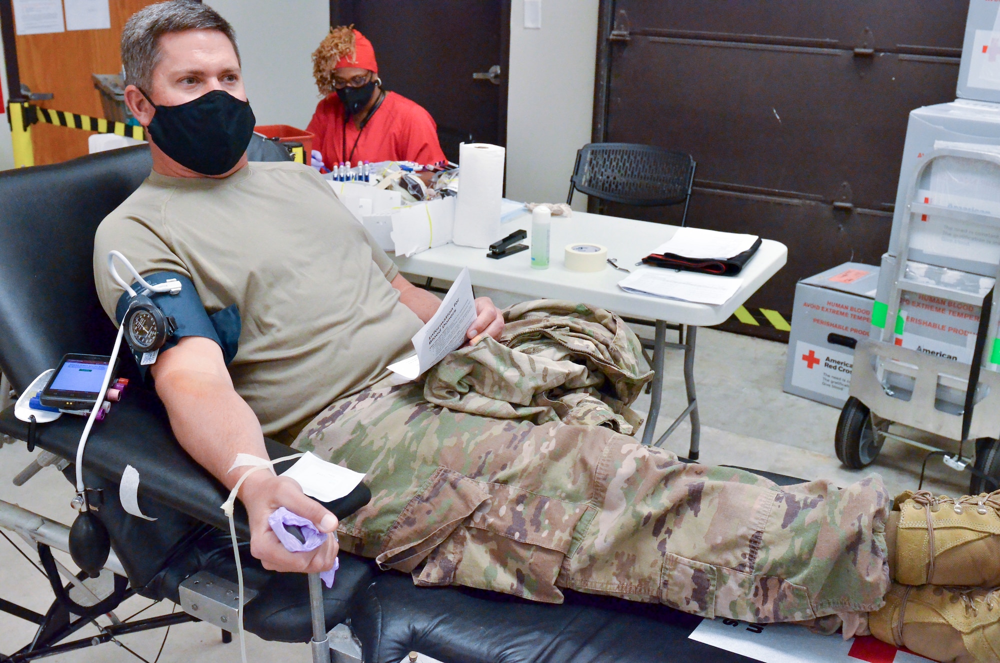 Members of the 117th Air Refueling Wing participate in a blood drive on Aug. 14, 2020 at Sumpter Smith JNGB, Ala. 
The donated blood went to local blood banks and will be used for conventional purposes like blood transfusions but extra vials of blood were taken to test for COVID-19 antibodies. Angelita Robinson, collection specialist II for the American Red Cross, explained that she’s done thousands of blood drives in her 20 years with AMCROSS but testing for COVID-19 antibodies is a new step they have added.
	“It's to check to see if a donor has the antibody,” Robinson said. “If a donor recovered from the Coronavirus they would have antibodies still in their blood systems.” 
According to Robinson, having the antibodies in the bloodstream doesn’t mean a person currently has COVID-19. 
“Any time a person has an illness or condition certain antibodies are built up in the blood,” she said. “A person who does have the antibodies will be wanted to donate plasma so they can develop some kind of vaccine.” 
A donated unit of blood will be put in extra vials that go to a lab. Tests are conducted in labs using a plasma process for the antibodies which can be used in a vaccine. Even without testing of antibodies donated blood can help save a life.
“We still need blood for patients that are in the hospital like accident victims or people who need transfusions for surgeries,” Robinson said.
