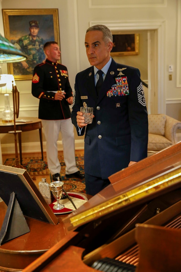 The Senior Enlisted Advisor (SEAC) to the Chairman of the Joint Chiefs of Staff Ramon Colon-Lopez tours the home of the Commandants prior to the Evening Parade at Marine Barracks Washington, D.C., Aug. 7, 2020. SEAC Colon-Lopez was the 19th Sergeant Major of the Marine Corps, Troy E. Black’s guest of honor at the evening’s ceremony. The Parades held every Friday during the summer, have become a universal symbol of the professionalism, discipline, and Esprit de Corps of the United States Marines. (U.S. Marine Corps photo by Sgt. Victoria Ross)