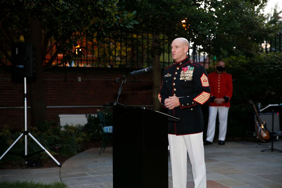 The 19th Sergeant Major of the Marine Corps, Sgt. Maj. Troy E. Black addresses his guests at the garden reception prior to the Evening Parade at Marine Barracks Washington, D.C., Aug. 7, 2020. The Senior Enlisted Advisor (SEAC) to the Chairman of the Joint Chiefs of Staff Ramon Colon-Lopez was Sgt. Maj. Black’s guest of honor at the event. The Parades held every Friday during the summer, have become a universal symbol of the professionalism, discipline, and Esprit de Corps of the United States Marines. (U.S. Marine Corps photo by Sgt. Victoria Ross)
