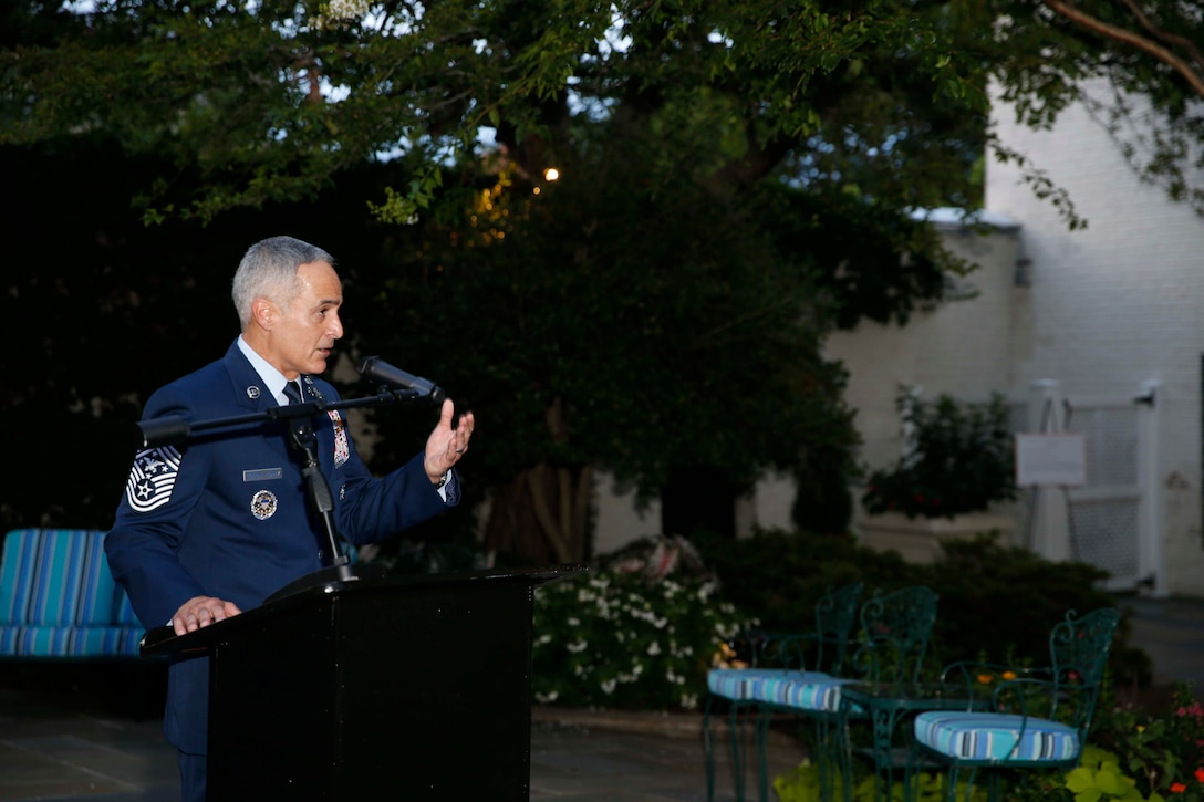 The Senior Enlisted Advisor (SEAC) to the Chairman of the Joint Chiefs of Staff Ramon Colon-Lopez addresses the garden reception prior to the Evening Parade hosted by the 19th Sergeant Major of the Marine Corps, Sgt. Maj. Troy E. Black at Marine Barracks Washington, D.C., Aug. 7, 2020. SEAC Colon-Lopez was Sgt. Maj. Black’s guest of honor at the evening’s ceremony. The Parades held every Friday during the summer, have become a universal symbol of the professionalism, discipline, and Esprit de Corps of the United States Marines. (U.S. Marine Corps photo by Sgt. Victoria Ross)