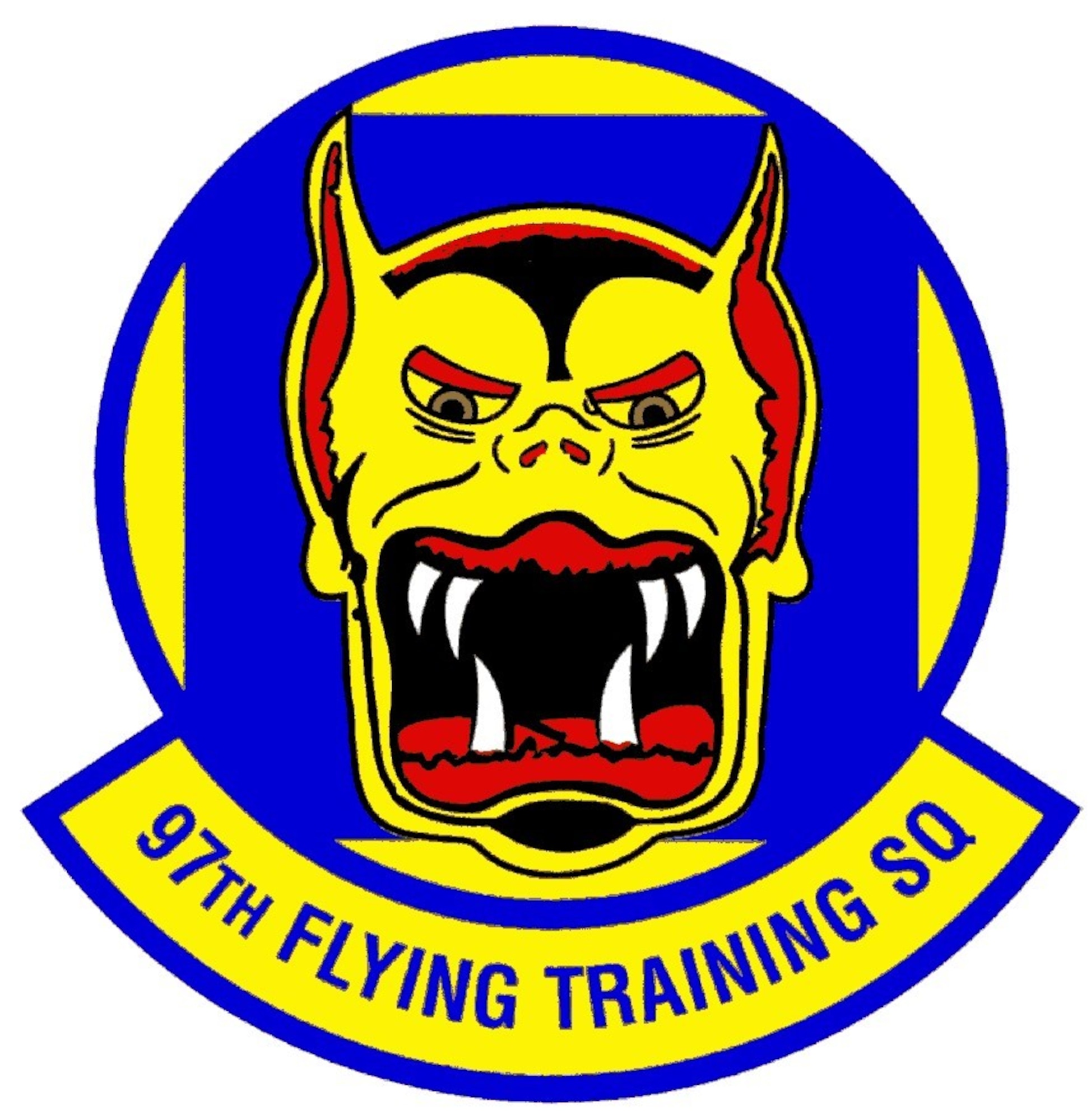 The 97 FTS emblem is the stylized face of a Devil Cat, trimmed in red and black with white tusks and green eyes on a blue background. The Devil Cat, neither cat nor wolf, has roamed the steppes of Asiatic Russia for generations. Its awesome appearance is but mildly indicative of the beast’s true ferocity, of its almost diabolical wiliness and daring. In all of central and northern Asia, no animal real or legendary excites a greater respect or fear among the hardened and barbaric peoples of this vast hinterland. The Devil Cat portrays the endurance, courage, resourcefulness and ferocity, which the 97 FTS emulates.