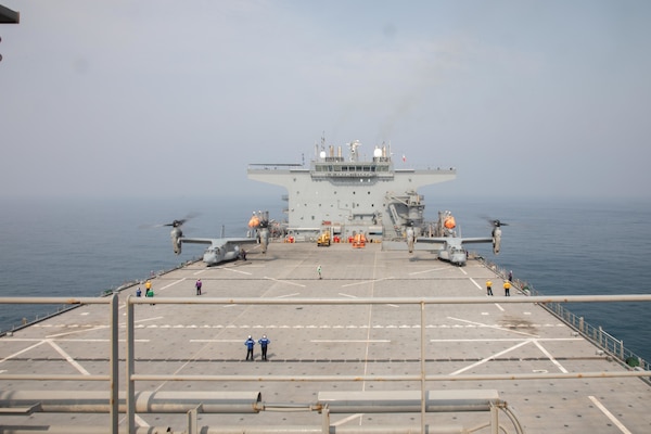 .S. Marine Corps MV-22B Ospreys assigned to Special Purpose Marine Air-Ground Task Force - Crisis Response - Central Command 20.2, prepare for departure aboard the expeditionary sea base USS Lewis B. Puller (ESB 3) during an air operations in support of maritime surface warfare exercise.