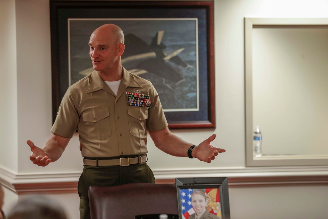 The 19th Sergeant Major of the Marine Corps, Sgt. Maj. Troy E. Black addresses female Marines from Marine Corps Base Camp Lejeune on the anniversary of Opha May Johnson’s enlistment in the Marine Corps in 1918, Washington, D.C., Aug. 13, 2020. The purpose of the address was to reflect on the past and to open the floor for questions. Since the first woman enlisted, female Marines have played a vital role in the Corps’ ability to fight and win. (U.S. Marine Corps photo by Sgt. Victoria Ross)