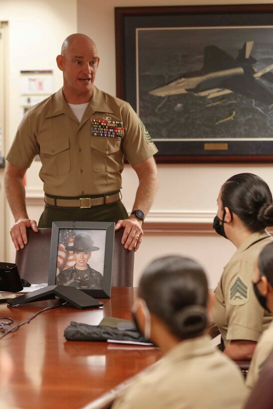 The 19th Sergeant Major of the Marine Corps, Sgt. Maj. Troy E. Black addresses female Marines from Marine Corps Base Camp Lejeune on the anniversary of Opha May Johnson’s enlistment in the Marine Corps in 1918, Washington, D.C., Aug. 13, 2020. The purpose of the address was to reflect on the past and to open the floor for questions. Since the first woman enlisted, female Marines have played a vital role in the Corps’ ability to fight and win. (U.S. Marine Corps photo by Sgt. Victoria Ross)