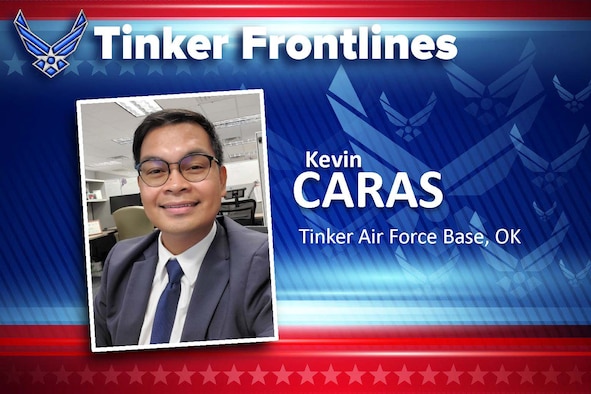 Photo of man with background that says "Tinker Frontlines, Kevin Caras, Tinker Air Force Base, Oklahoma"