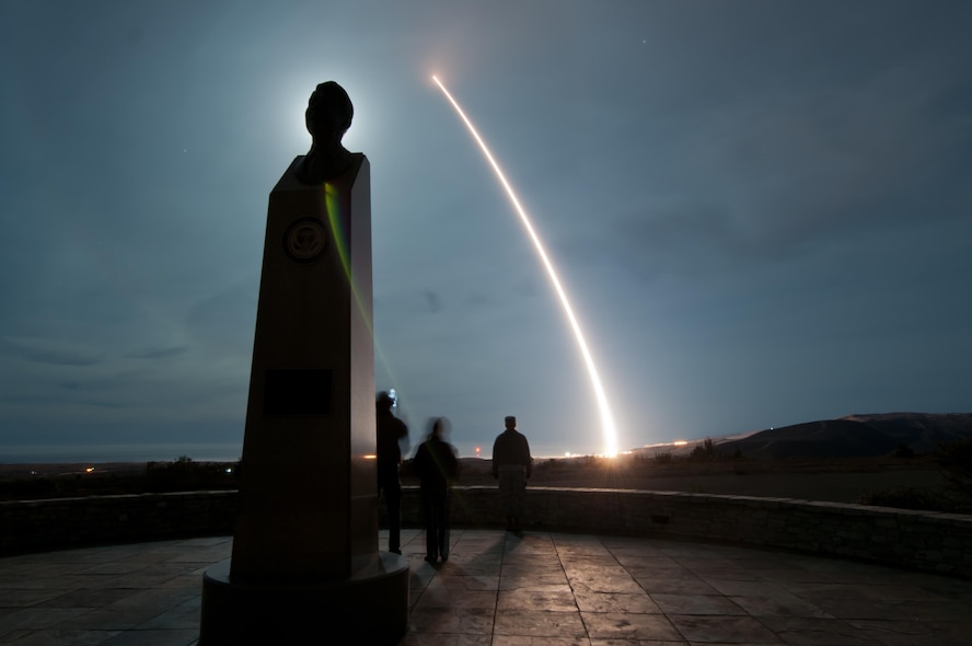 An unarmed U.S. Air Force LGM-30G Minuteman III intercontinental ballistic missile launches during an operational test at Vandenberg Air Force Base, Calif., Dec. 17, 2013. Col. Keith Balts, the commander of the 30th Space Wing, acted as the launch decision authority. (U.S. Air Force photo by Airman 1st Class Yvonne Morales/Released)