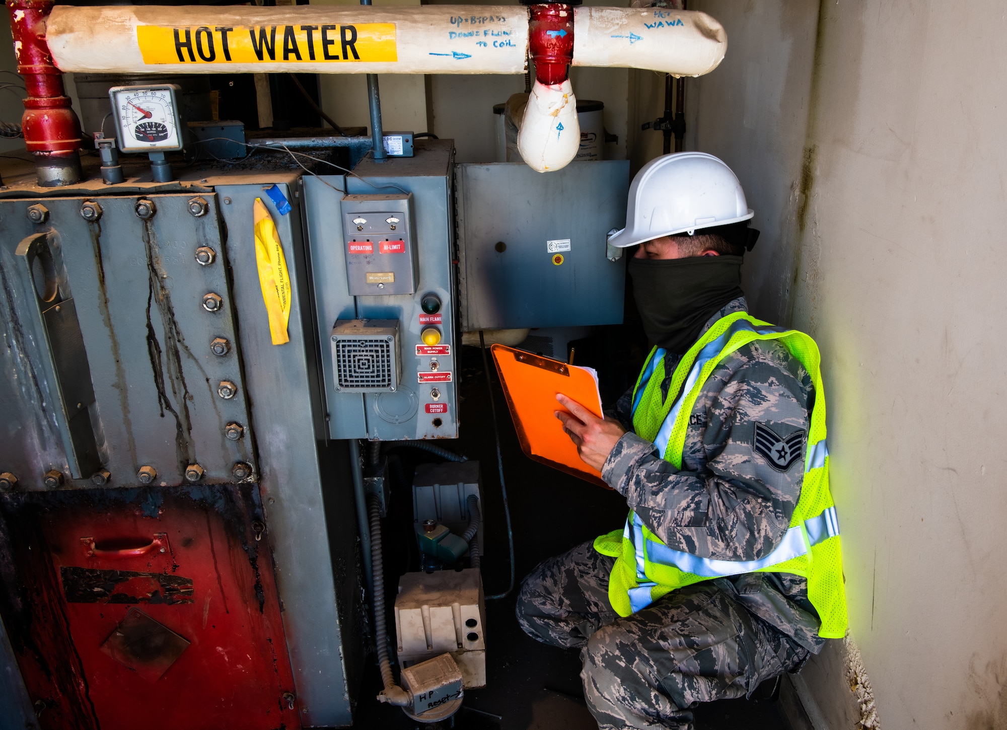 Staff Sgt. Kenny Chung, 56th Civil Engineer Squadron Operations Element heating, ventilation and air conditioning subject matter expert, inventories and inspects HVAC equipment Aug. 11, 2020, at Luke Air Force Base, Ariz.