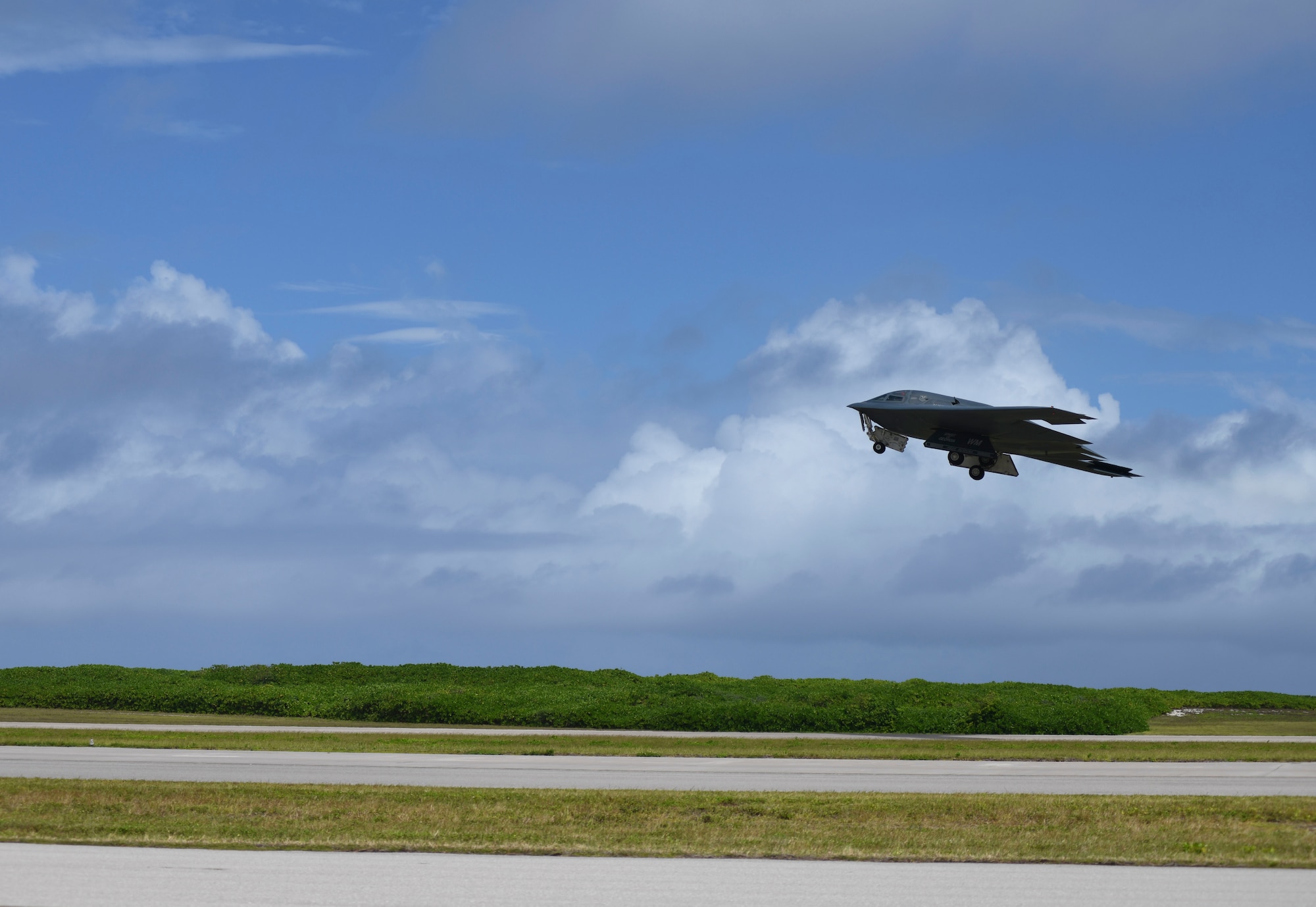 A B-2 Spirit Stealth Bomber, deployed from Whiteman Air Force Base, Missouri, takes-off from Naval Support Facility Diego Garcia, to support a Bomber Task Force mission,  Aug. 17, 2020. Bomber Task Force missions allow U.S. Strategic Command to provide persistent, long-term bomber presence to aid in U.S. Indo-Pacific Command’s commitment to a free and open Indo-Pacific. Over the course of 24 hours, four B-1B Lancers, two B-2 Spirit Stealth Bombers, and four F-15C Eagles conducted Bomber Task Force missions simultaneously within the Indo-Pacific region. Pacific Air Forces routinely conducts BTF operations to show the United States’ commitment to allies and partners in the Indo-Pacific area of responsibility. (U.S. Air Force photo by Tech. Sgt. Heather Salazar)