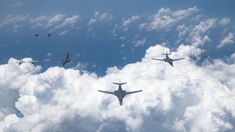 U.S. Air Force, Navy, Marine Corps and Japan Air Self Defense Force aircraft conduct a large-scale joint and bilateral integration training exercise Aug. 18, 2020. Four B-1B Lancers, two B-2 Spirit Stealth Bombers, and four F-15C Eagles conducted Bomber Task Force missions simultaneously within the Indo-Pacific region over the course of 24 hours. Pacific Air Forces routinely conducts BTF operations to show the United States' commitment to allies and partners in the Indo-Pacific area of responsibility. (U.S. Air Force photo by Staff Sgt. Peter Reft)
