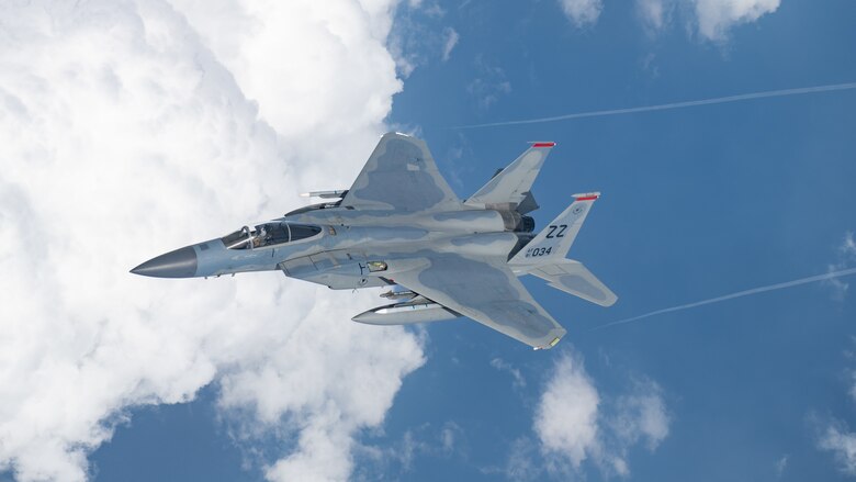 A U.S. Air Force 67th Fighter Squadron F-15C Eagle assigned to Kadena Air Base, Japan participates in a large-scale joint and bilateral integration training exercise Aug. 18, 2020. Four B-1B Lancers, two B-2 Spirit Stealth Bombers, and four F-15C Eagles conducted Bomber Task Force missions simultaneously within the Indo-Pacific region over the course of 24 hours. Pacific Air Forces routinely conducts BTF operations to show the United States' commitment to allies and partners in the Indo-Pacific area of responsibility. (U.S. Air Force photo by Staff Sgt. Peter Reft)