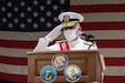200819-N-KZ419-0206 NAVAL SUPPORT ACTIVITY BAHRAIN (Aug. 19, 2020) Vice Adm. Jim Malloy, commander of U.S. Naval Forces Central Command (NAVCENT), U.S. 5th Fleet and Combined Maritime Forces (CMF) salutes as he is relieved of command by incoming commander Vice Adm. Sam Paparo during the hybrid change of command onboard Naval Support Activity Bahrain Aug. 19, 2020. NAVCENT is the U.S. Navy element of U.S. Central Command in the U.S. 5th Fleet area of operations and encompasses about 2.5 million square miles of water area and includes the Arabian Gulf, Gulf of Oman, Red Sea and parts of the Indian Ocean. The expanse is comprised of 20 countries and includes three critical choke points at the Strait of Hormuz, the Suez Canal and the Strait of Bab al Mandeb at the southern tip of Yemen. (U.S. Navy photo by Mass Communication Specialist 3rd Class Dawson Roth)