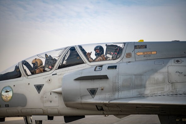 Col. Khaled Al-Falahi, United Arab Emirates Air Force 1st Fighter Wing commander and Brig. Gen. Larry Broadwell, 380th Air Expeditionary Wing commander, prepare to take off in a UAE Air Force Mirage 2000 Aug, 10, 2020 from Al Dhafra Air Base, United Arab Emirates.
