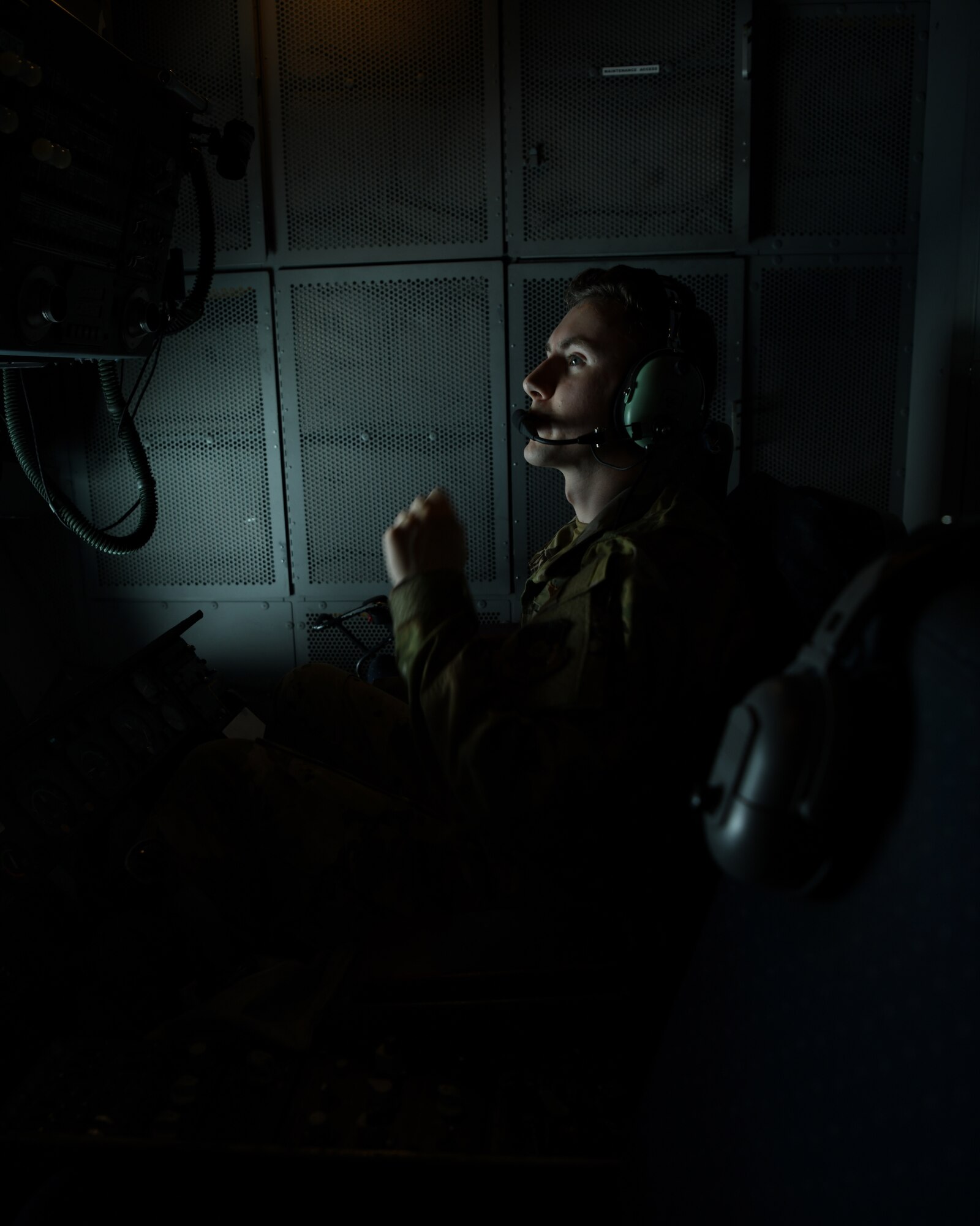 Senior Airman Daniel Proben, a 908th Expeditionary Air Refueling Squadron boom operator, conducts pre-flight checks in a KC-10 Extender, Aug. 18, 2020, at Al Dhafra Air Base, United Arab Emirates.