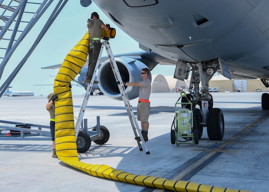 Maintainers from the 380th Expeditionary Maintenance Squadron prepare for the launch of a KC-10 Extender at Al Dhafra Air Base, United Arab Emirates, Aug. 18, 2020.