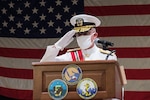 NAVAL SUPPORT ACTIVITY BAHRAIN (Aug. 19, 2020) Vice Adm. Jim Malloy, commander of U.S. Naval Forces Central Command (NAVCENT), U.S. 5th Fleet and Combined Maritime Forces (CMF) salutes as he is relieved of command by incoming commander Vice Adm. Sam Paparo during the hybrid change of command onboard Naval Support Activity Bahrain Aug. 19, 2020. NAVCENT is the U.S. Navy element of U.S. Central Command in the U.S. 5th Fleet area of operations and encompasses about 2.5 million square miles of water area and includes the Arabian Gulf, Gulf of Oman, Red Sea and parts of the Indian Ocean. The expanse is comprised of 20 countries and includes three critical choke points at the Strait of Hormuz, the Suez Canal and the Strait of Bab al Mandeb at the southern tip of Yemen. (U.S. Navy photo by Mass Communication Specialist 3rd Class Dawson Roth)