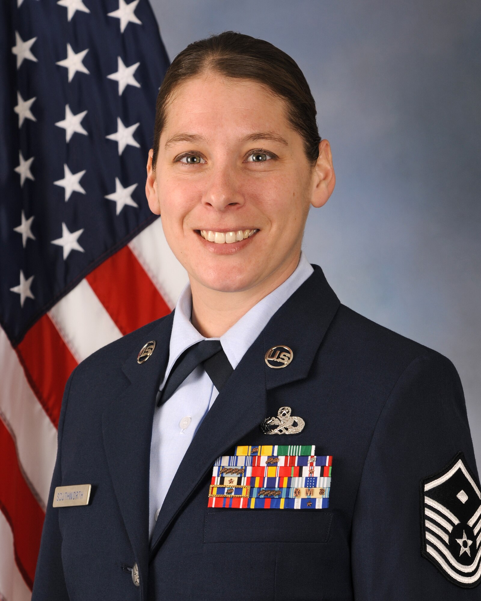 U.S. Air Force Master Sgt. Chontelle Southworth, the 115th Fighter Wing's Logistics Readiness first sergeant, Wisconsin Air National Guard, poses for an official photo at the Traux Field, Wisc., March 4, 2020. Southworth was selected as the Air National Guard 2020 Outstanding First Sergeant of the Year. (Courtesy Photo)
