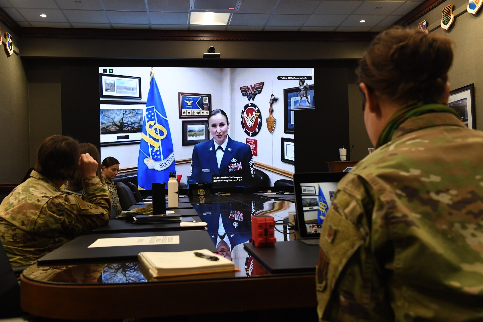 Chief Master Sgt. Summer Leifer, 16th Air Force command chief, delivers a keynote speech during the virtual Sword Athena 2020 leadership symposium hosted by Air Combat Command Aug. 14, 2020 from Joint Base Langley-Eustis, Virginia. The three-day event was modeled after Weapons and Tactic Conferences (WEPTAC) and conducted focused Mission Area Working Groups (MAWGs) to address crowd-sourced issues and present short, medium, and/or long-term solutions to the commander of Air Combat Command. (U.S. Air Force photo by Tech. Sgt. Nick Wilson)