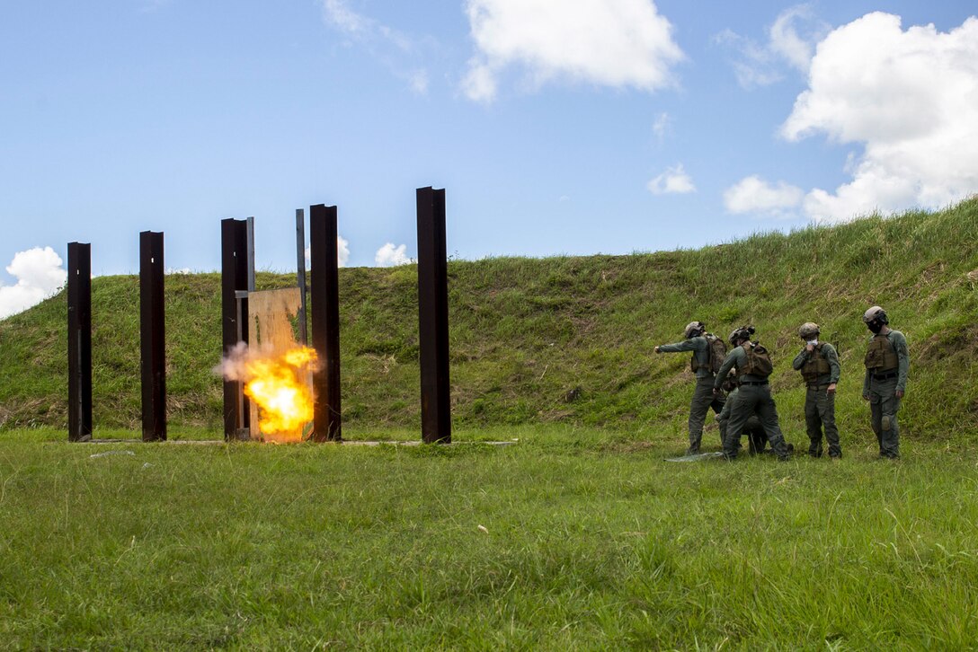Marines stand in a line in front of a small explosion.