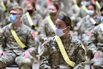 Soldiers seated wearing face masks.