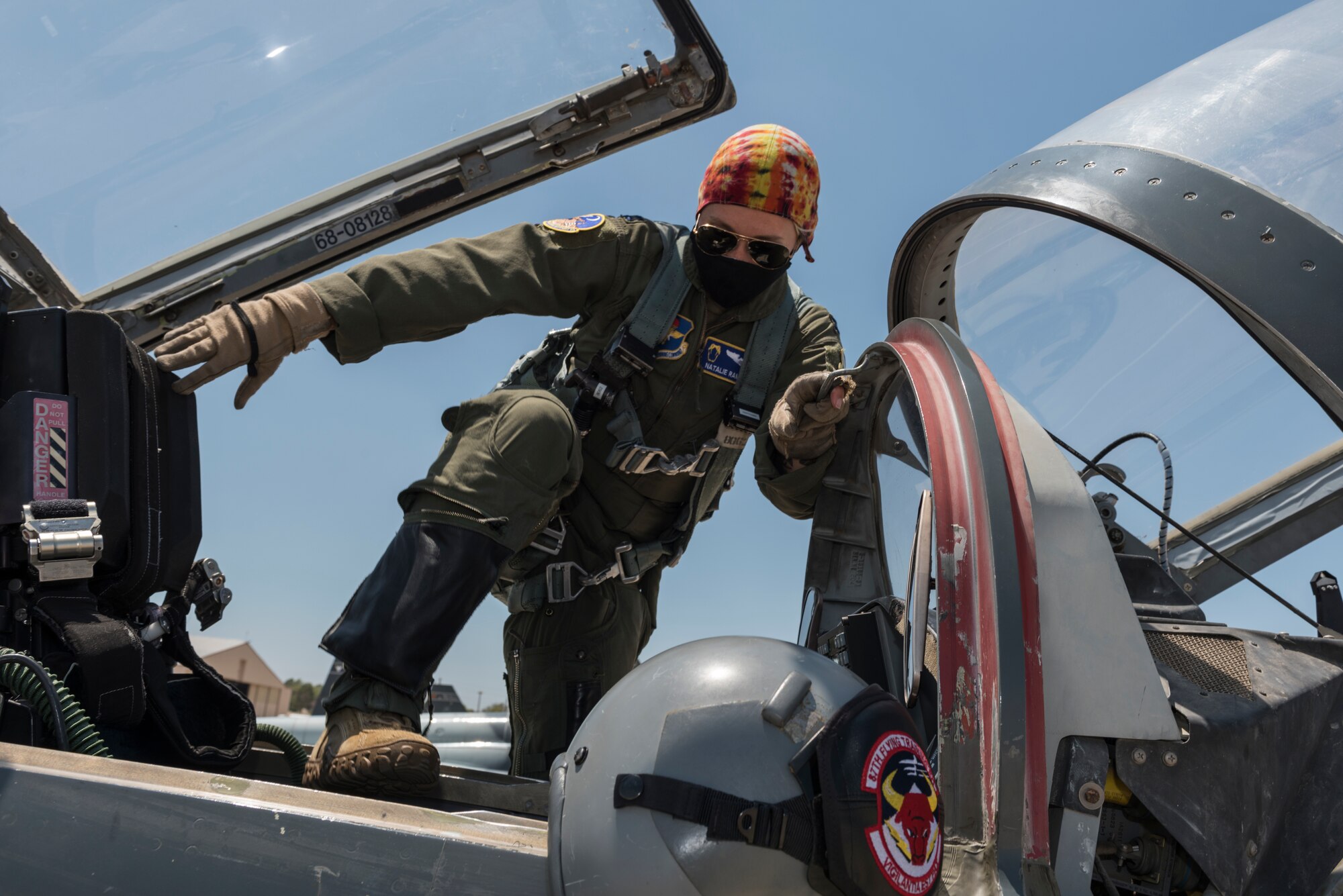 Captain Natalie Rambish, 47th Operations Support Squadron aircrew and flight equipment commander and instructor pilot, climbs into her seat in a T-38C Talon as she prepares to fly with a student pilot, Aug. 11, 2020 at Laughlin Air Force Base, Texas. She is a member of Laughlin’s Female Aviators’ Mentorship Group because she loves the camaraderie and the chance to find other women aviators who she can look up to. (U.S. Air Force photo by Senior Airman Anne McCready)