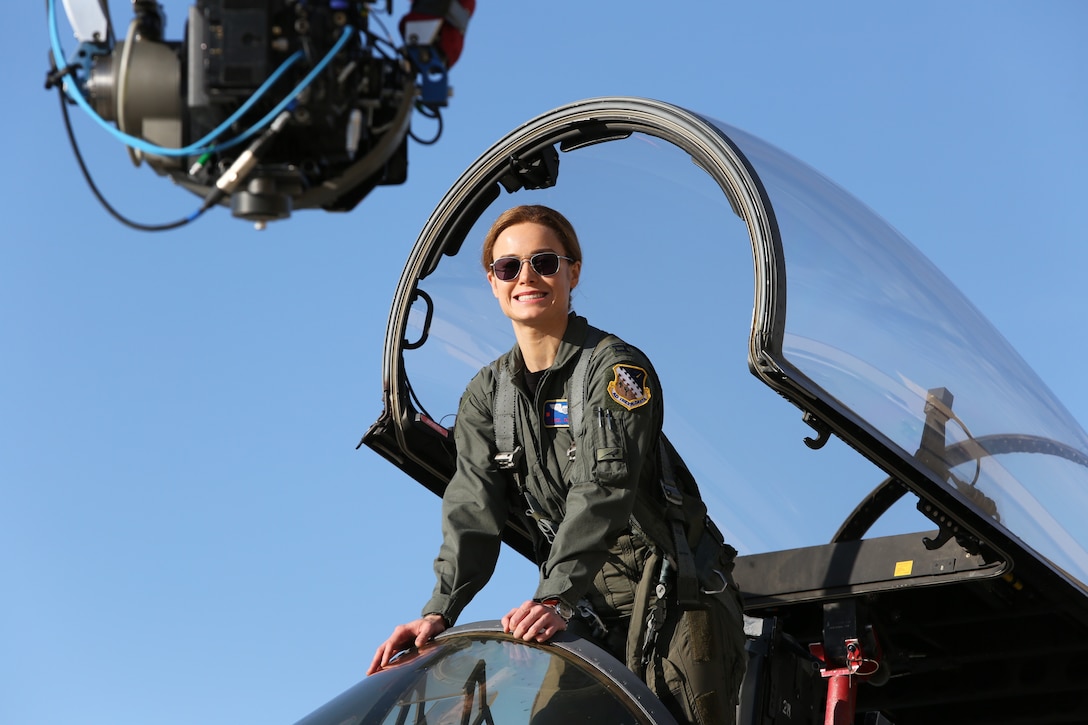 Actor Brie Larson poses for a photo during the filming of "Captain Marvel" at Edwards Air Force Base, California in 2018. (Photo courtesy of Air Force Test Center History Office)