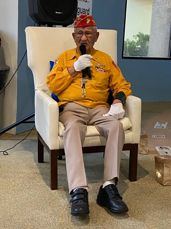 Thomas H. Begay, Navajo Code Talker, speaks of his experiences during World War II at a Hispano Chamber of Commerce event in Albuquerque, New Mexico, August 15, 2020.