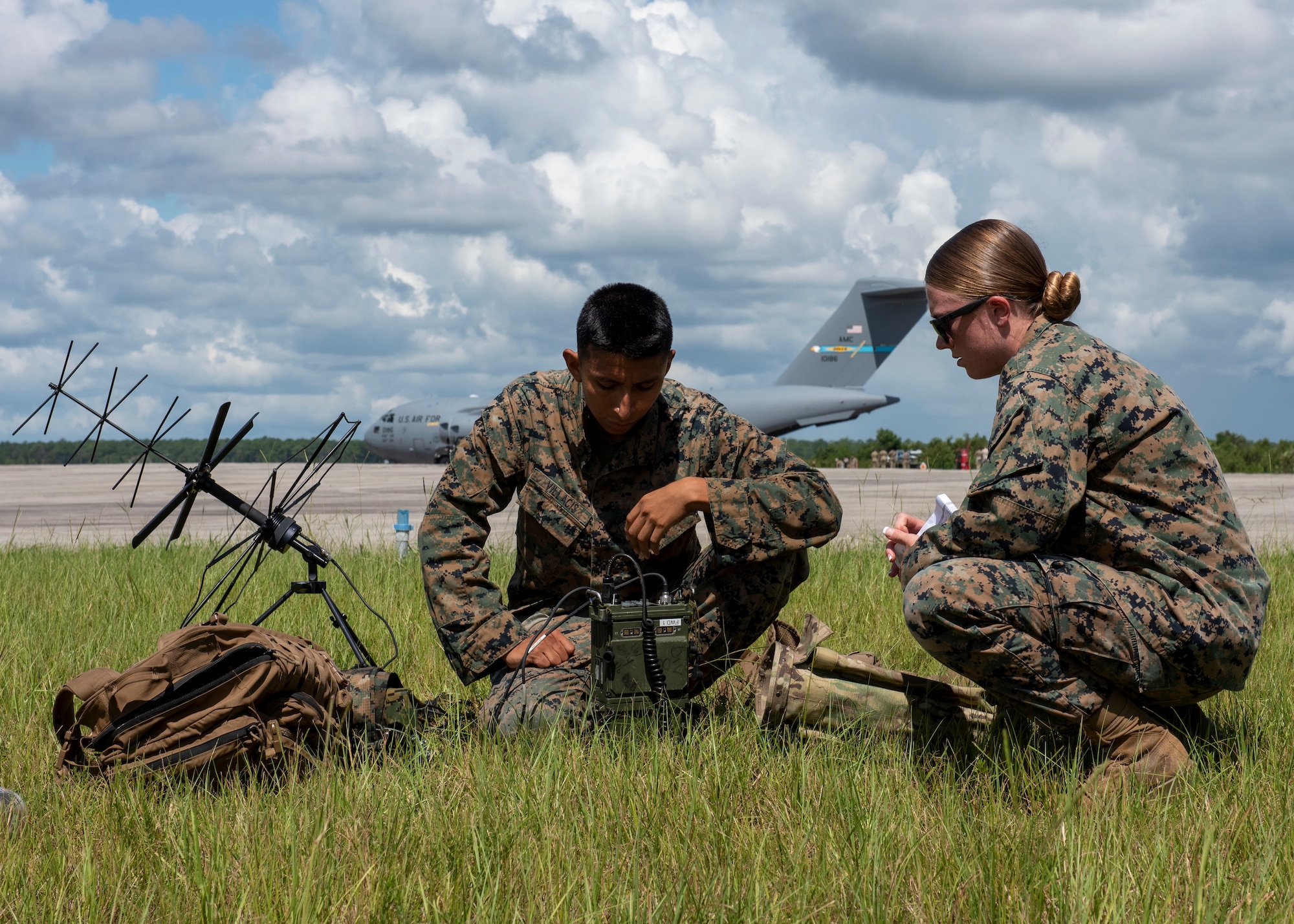 Marines from the 6th Marine Regiment, Camp Lejeune, setup communication equipment during Razor Talon at Cherry Point Marine Corp Air Station, North Carolina, Aug. 12, 2020.