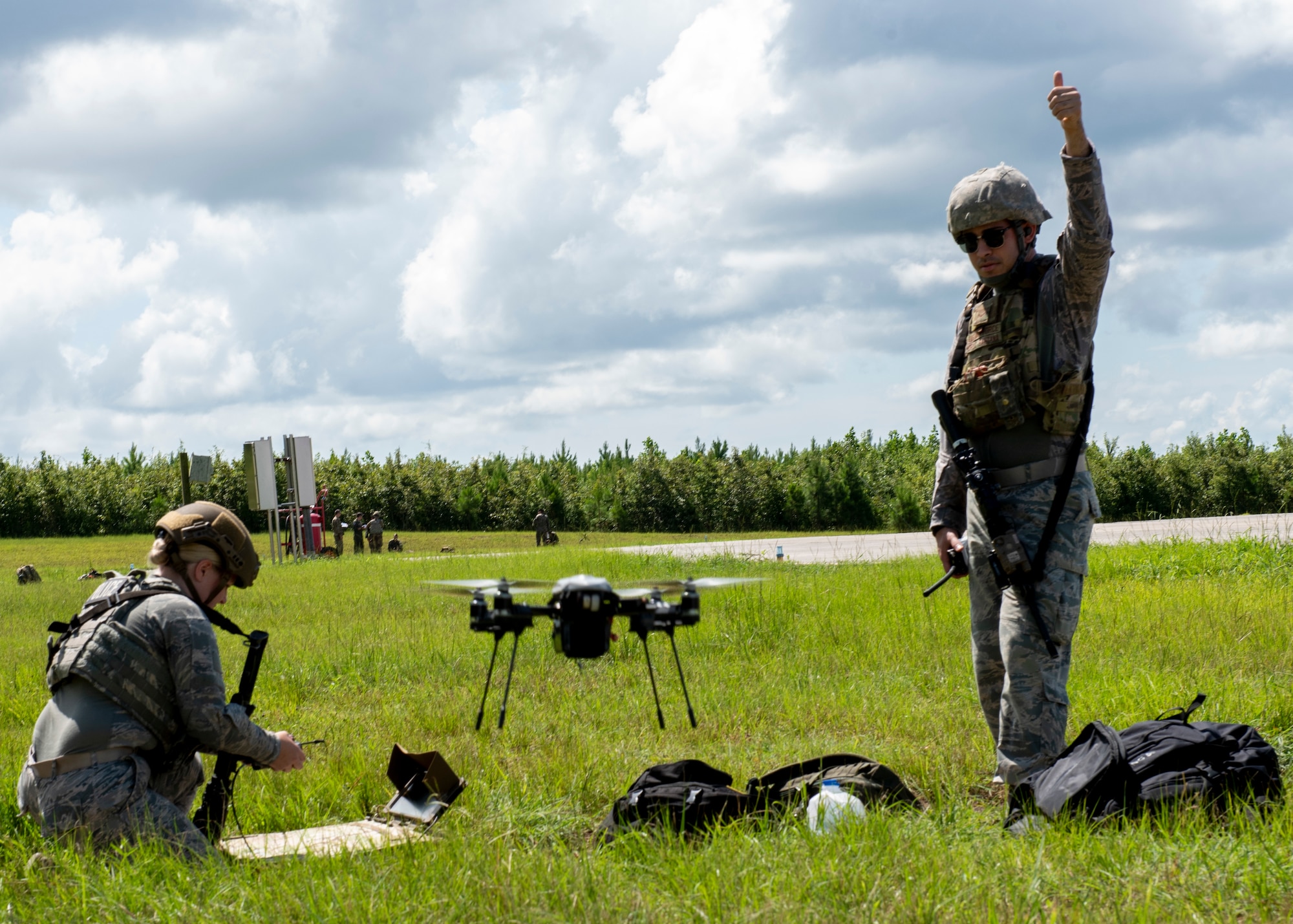 Airmen from Seymour Johnson Air Force Base deploy an Unmanned Aerial Vehicle during Joint Exercise Razor Talon at Cherry Point Marine Corp Air Station, North Carolina, Aug. 12, 2020.