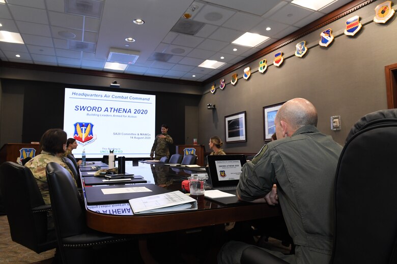 Gen. Mike Holmes, commander of Air Combat Command, listens during an outbrief for Sword Athena 2020 during a virtual Zoom call hosted by Air Combat Command Aug. 14, 2020 from Joint Base Langley-Eustis, Virginia. SA20 was a combined forum of leadership-focused education sessions and five mission area working groups: creating a safe psychological space; mental health; family and children; flyers; and equipment/tools/gear. (U.S. Air Force photo by Tech. Sgt. Nick Wilson)