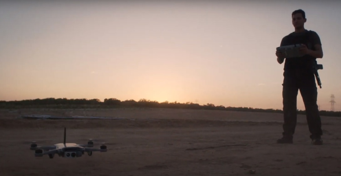 Small drone flies.