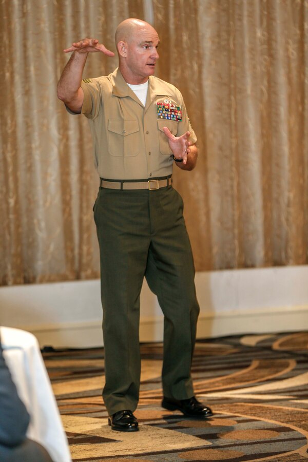The 19th Sergeant Major of the Marine Corps, Sgt. Maj. Troy E. Black, addresses Marines and Senior Executive Service members attending the Executive Leadership Orientation and Warfighting Course (ELOWC) held in Alexandria, V.A., Aug. 17, 2020. The purpose of ELOWC was to combine Brigadier General Selection and Orientation Course and the General Officer Warfighting Program. ELOWC is a two-week course held for general officers and Senior Executive Service members. (U.S. Marine Corps photo by Sgt. Victoria Ross)