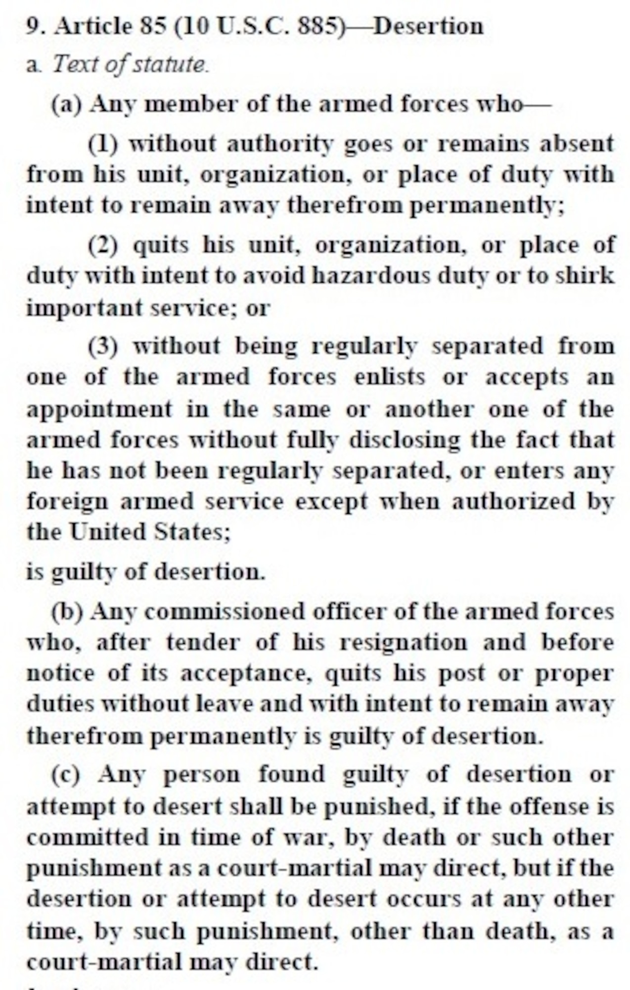 Article 85 (10 U.S.C 885) — Desertion, text of statute. (Manual for Courts-Martial United States, 2019 Edition)