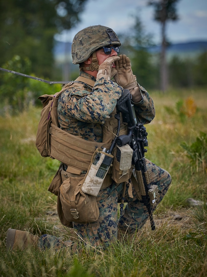 Cpl. Aaron Coppernoll, a squad leader with Bravo Company, 1st Battalion, 24th Marine Regiment, 4th Marine Division, gives commands to his team members while conducting a live fire and maneuver range during their annual training exercise on Camp Grayling, Mich., Aug. 18, 2020. The training and readiness manual is the Marine Corps’ primary tool for the planning, execution, and evaluation of training, and assessing unit readiness. (U.S. Marine Corps photo by Lance Cpl. Leslie Alcaraz)