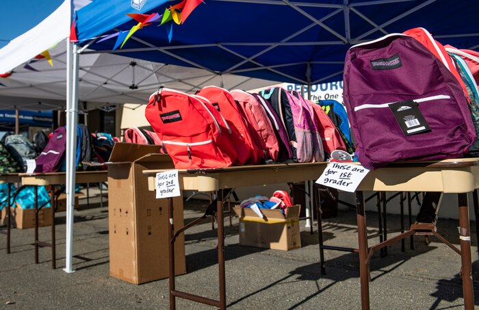 Backpacks full of supplies sit ready to be donated as part of the Back to School Brigade on Beale Air Force Base