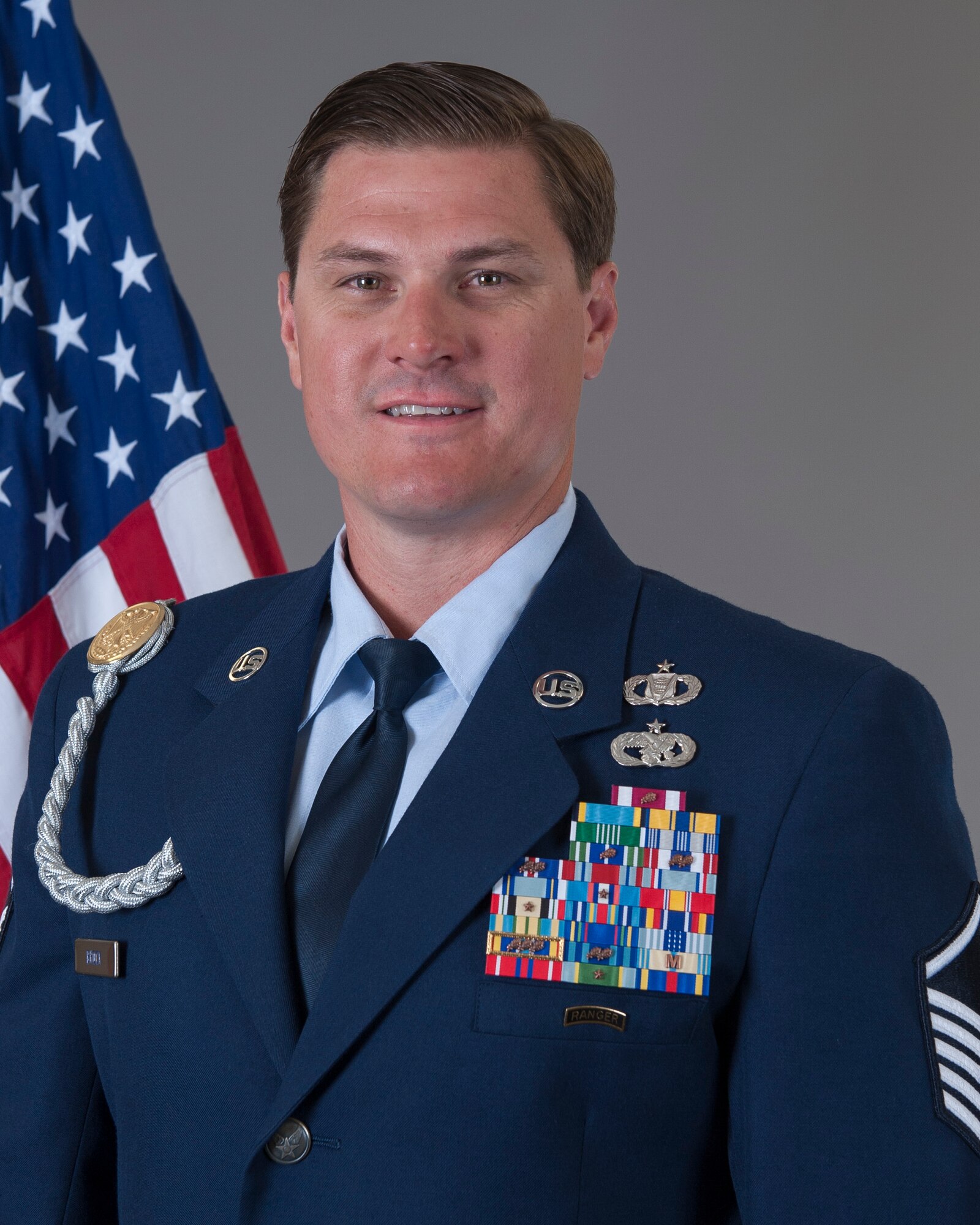 U.S. Air Force Master Sgt. Douglas K. Brock, a tactical air control party specialist from the 124th Air Support Operations Squadron, Idaho Air National Guard, poses for an official photo at the 124th Fighter Wing in Boise, Idaho, Aug. 2, 2020. Brock was selected as the Air National Guard 2020 Outstanding Senior Noncommissioned Officer of the Year. (Courtesy Photo)