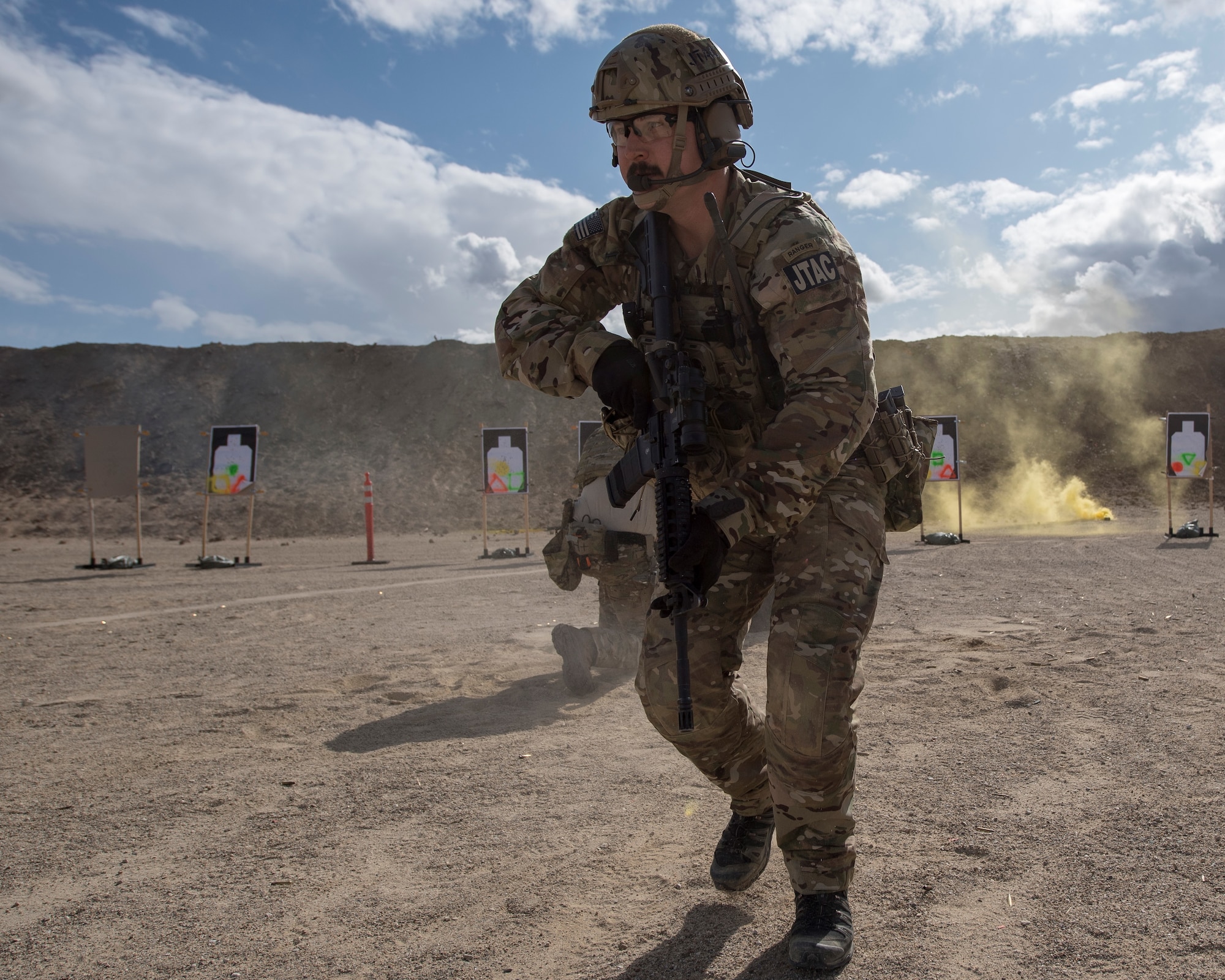 U.S. Air Force Master Sgt. Douglas Brock, a tactical air control party specialist with the 124th Air Support Operations Squadron, Idaho Air National Guard, moves to cover positions during a live-fire exercise near Gowen Field, Boise, Idaho, Oct. 17, 2019. Brock was selected as the Air National Guard 2020 Outstanding Senior Noncommissioned Officer of the Year. (U.S. Air National Guard photo by Senior Master Sgt. Joshua C. Allmaras)