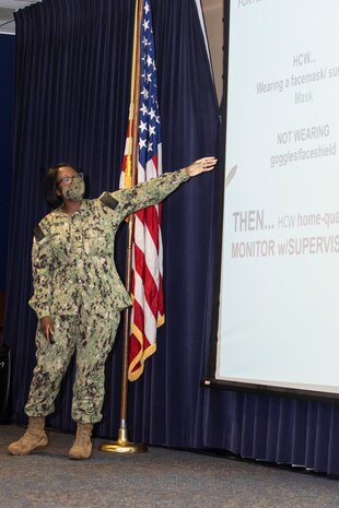 Naval Medical Readiness Training Center Portsmouth’s Environmental Health Officer and Preventive Medicine Department Head, Lt. Paris Williams gives COVID Contact Tracing & Investigation Training to Norfolk Naval Shipyard’s leadership.