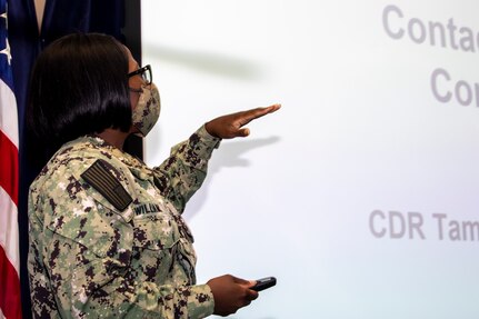 Naval Medical Readiness Training Center Portsmouth’s Environmental Health Officer and Preventive Medicine Department Head, Lt. Paris Williams gives COVID Contact Tracing & Investigation Training to Norfolk Naval Shipyard’s leadership.