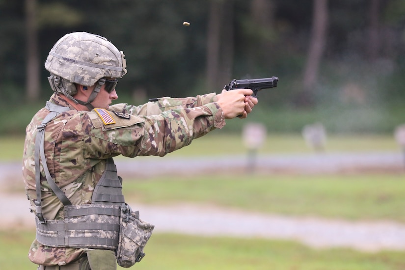 One of the more than 100 Pennsylvania National Guard Soldiers and Airmen who competed in the annual Governor’s Twenty competition Aug. 14-15 at Fort Indiantown Gap, Pa., fires his pistol, one of the event’s four matches. (U.S. Army National Guard photo by Sgt. Andrew Weston)