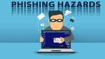 Cartoon man with glasses holds a CAC card in front of a laptop computer. Reads: Phishing hazards