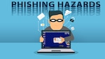 Cartoon man with glasses holds a CAC card in front of a laptop computer. Reads: Phishing hazards