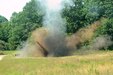 A block of C4 plastic explosive detonates during demolition familiarization training  conducted by Soldiers from 2nd Squadron, 104th Cavalry Regiment, 56th Stryker Brigade Combat Team on Aug. 14, 2020, at Fort Indiantown Gap, Pa.